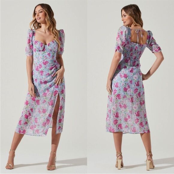 New ASTR The Label Revolve Floral Front Slit Milkmaid Midi Dress - Picture 2 of 6